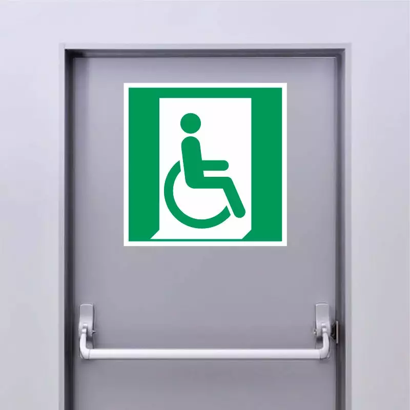 Autocollant Panneau D'évacuation sortie de secours handicapé - Droite - ISO7010 - E030 Autocollant Panneau D'évacuation sortie de secours handicapé - Droite - ISO7010 - E030