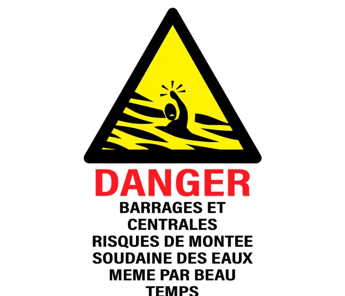 Autocollant Panneau barrages et centrales risque de montée soudaine en eaux meme par beau temps